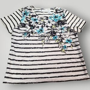 Alfred Dunner Women’s S Short Sleeve Top Black White Striped Sequined Shirt